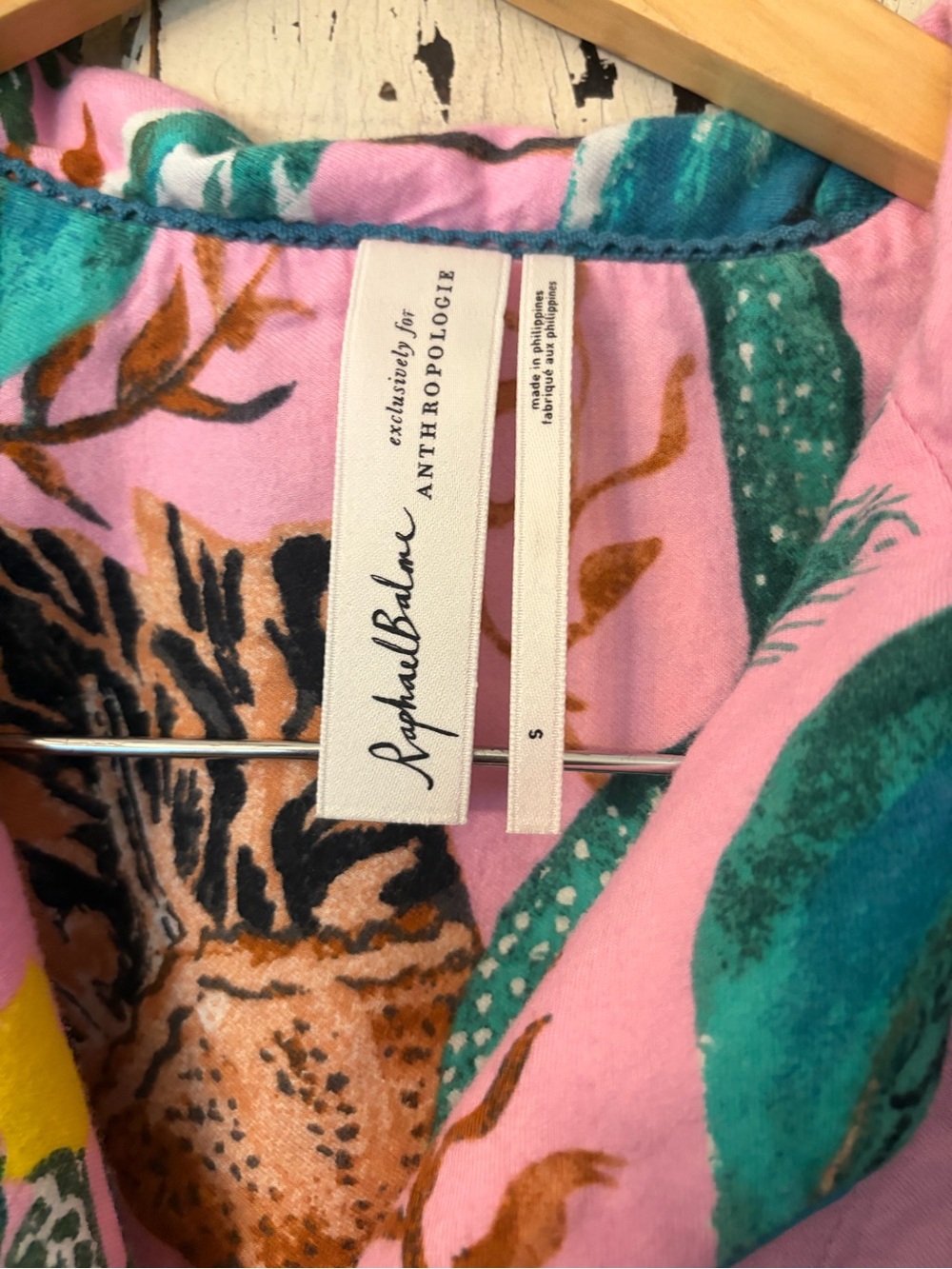 Anthropologie x Raphael Balme Teal & Pink Bird-Print pajama TOP Only size S - Picture 3 of 5